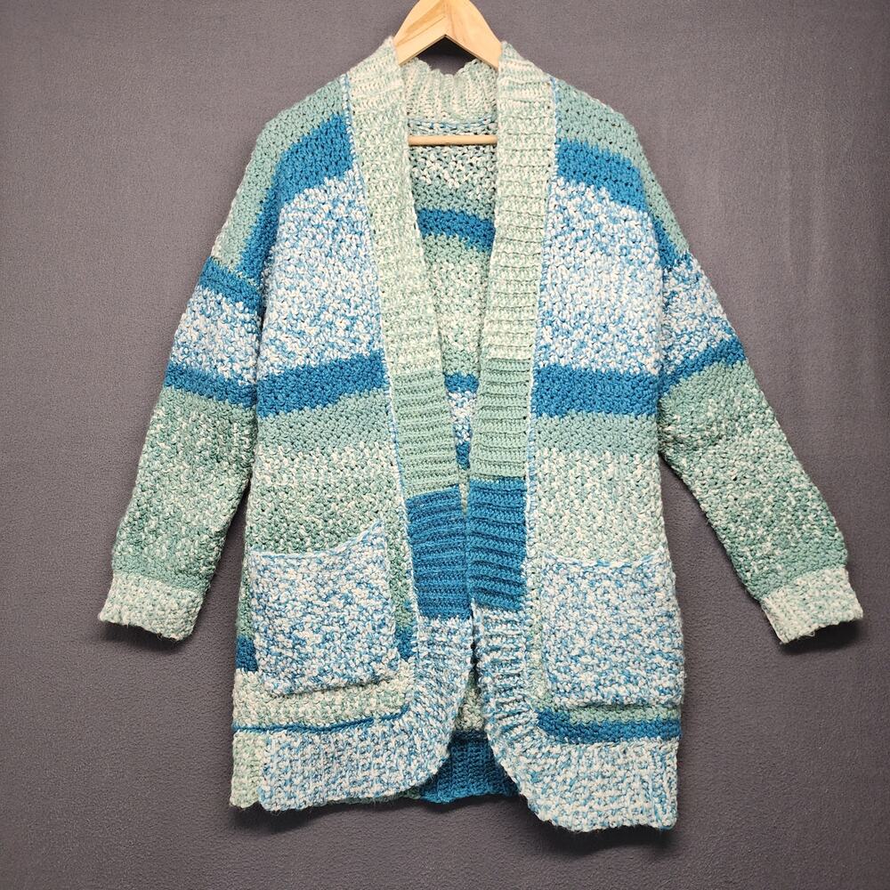 Womens Handmade Open Front Cardigan Large Blue Striped Pockets Long Line